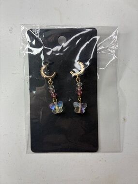 Gold & Iridescent Beaded Butterfly Drop Earrings